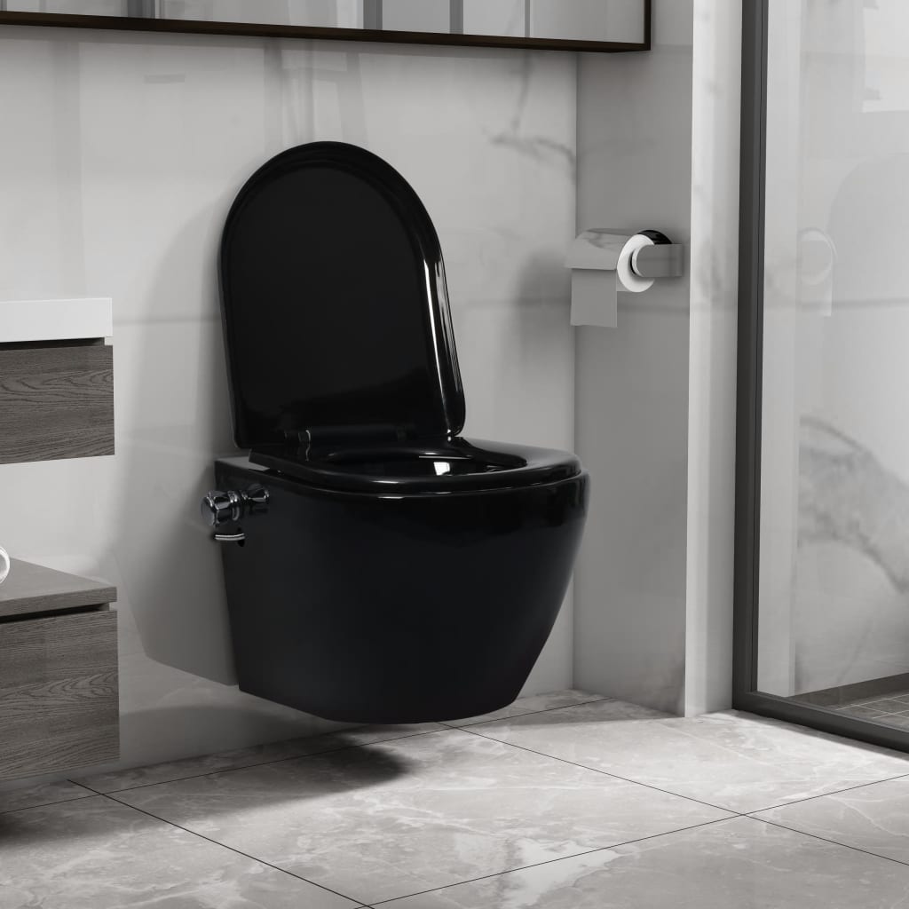 Wall-hung rimless toilet with bidet function, black, ceramic
