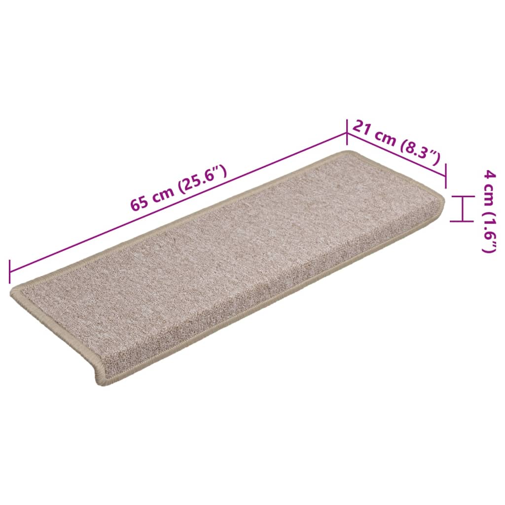 Stair mats, 15 pcs., 65x21x4 cm, taupe, rectangular edges