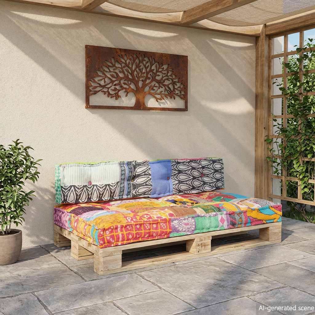 Pallet sofa cushion, multi-colored, fabric, patchwork