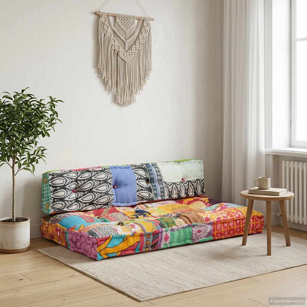 Pallet sofa cushion, multi-colored, fabric, patchwork