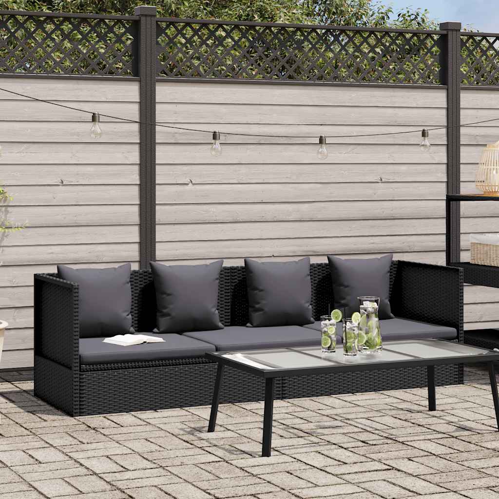 Sodo sofa su pagalvėlėmis ir pagalvėmis, juoda, poliratanas