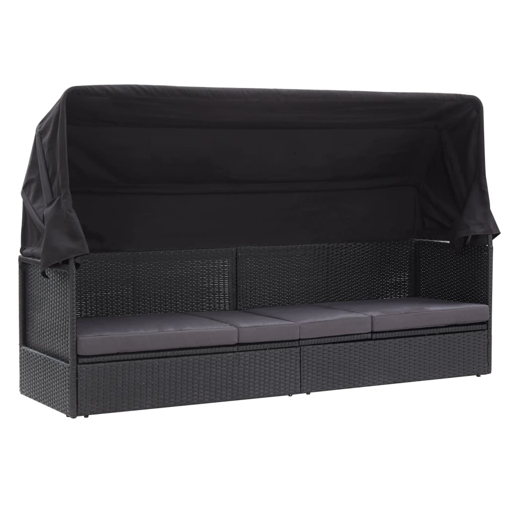 Outdoor sofa bed with canopy, black, poly rattan