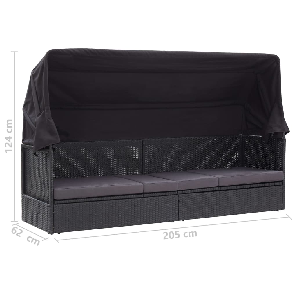 Outdoor sofa bed with canopy, black, poly rattan