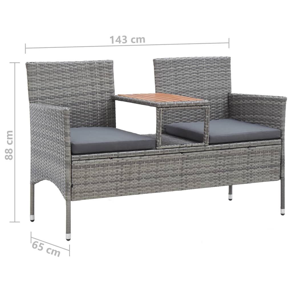 Two-seater bench with table, grey, 143cm, polyrattan