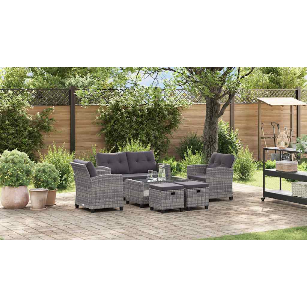 Garden sofa set with cushions, 6-piece, gray, rattan
