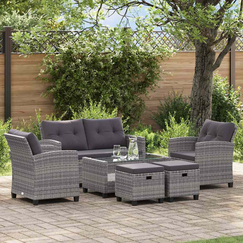 Garden sofa set with cushions, 6-piece, gray, rattan