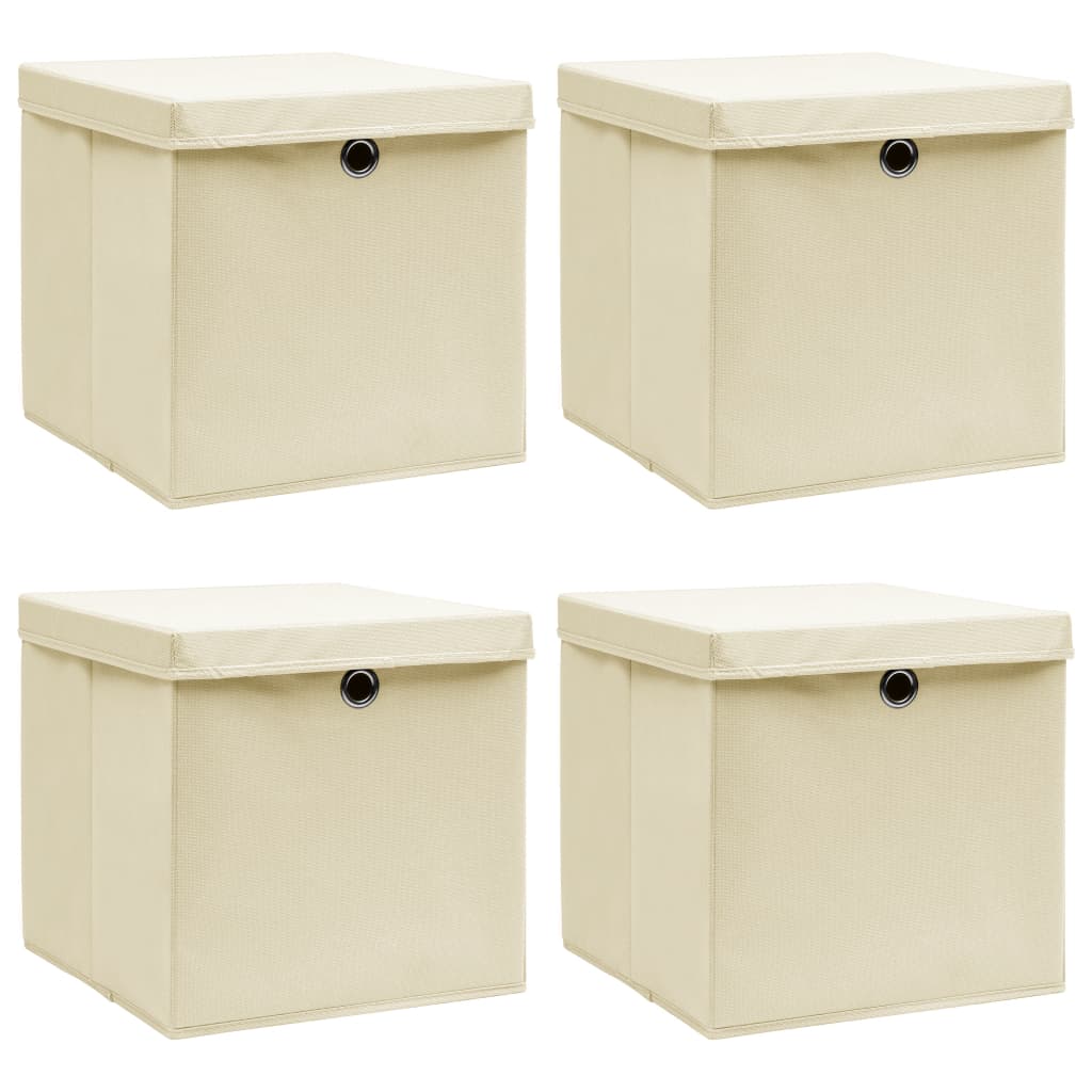 Storage boxes with lids, 4 pcs, cream, 32x32x32cm, fabric