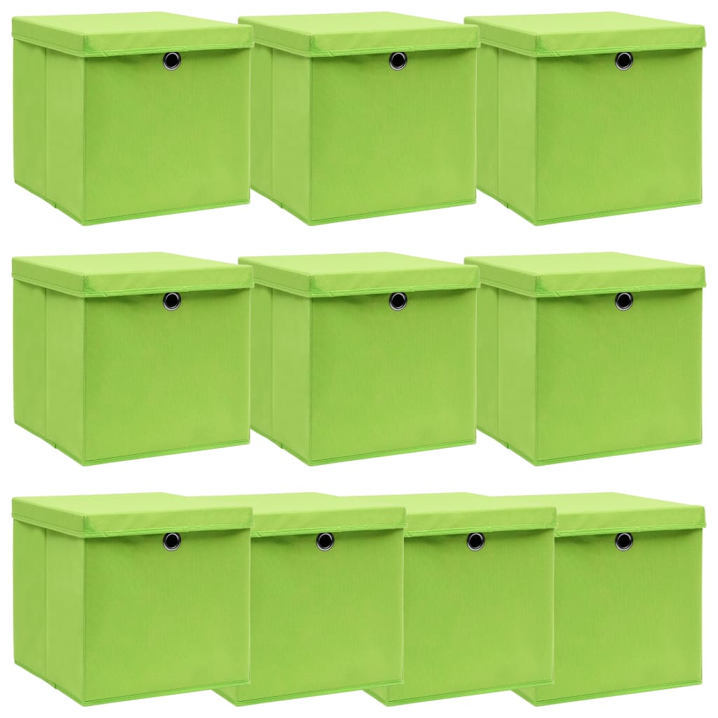Storage boxes with lids, 10 pcs, green, 32x32x32cm, fabric