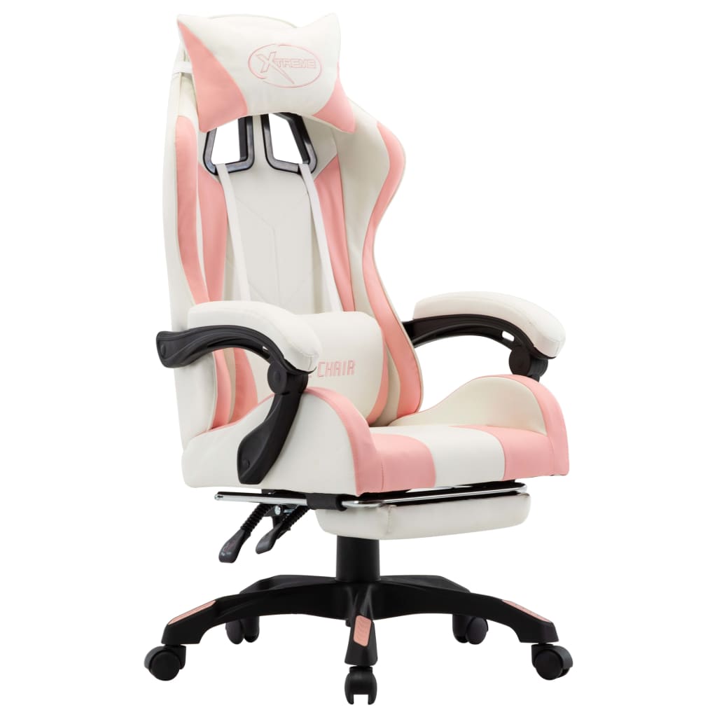 Gaming Chair with Footrest, Pink and White, Faux Leather