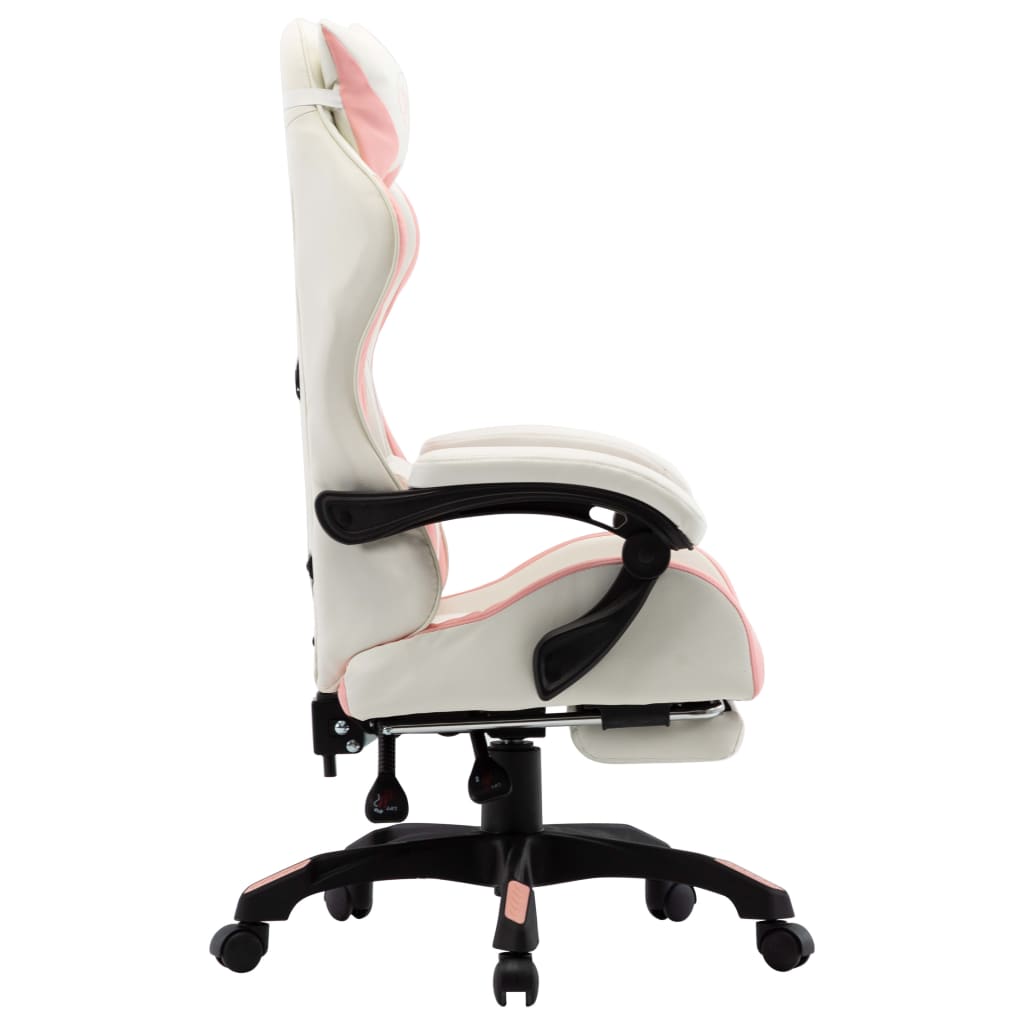 Gaming Chair with Footrest, Pink and White, Faux Leather