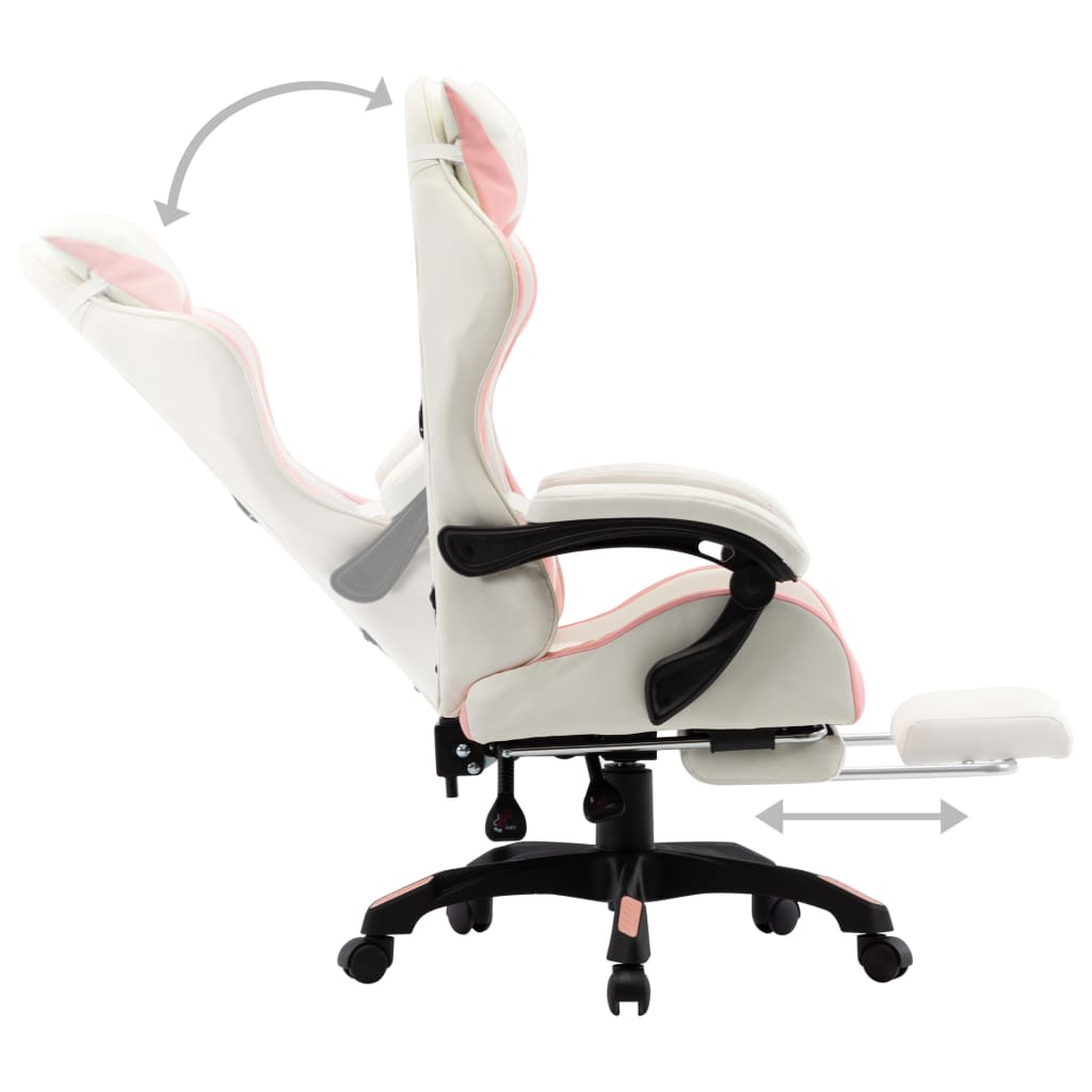 Gaming Chair with Footrest, Pink and White, Faux Leather