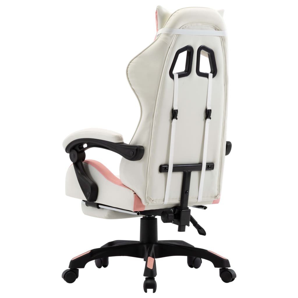 Gaming Chair with Footrest, Pink and White, Faux Leather