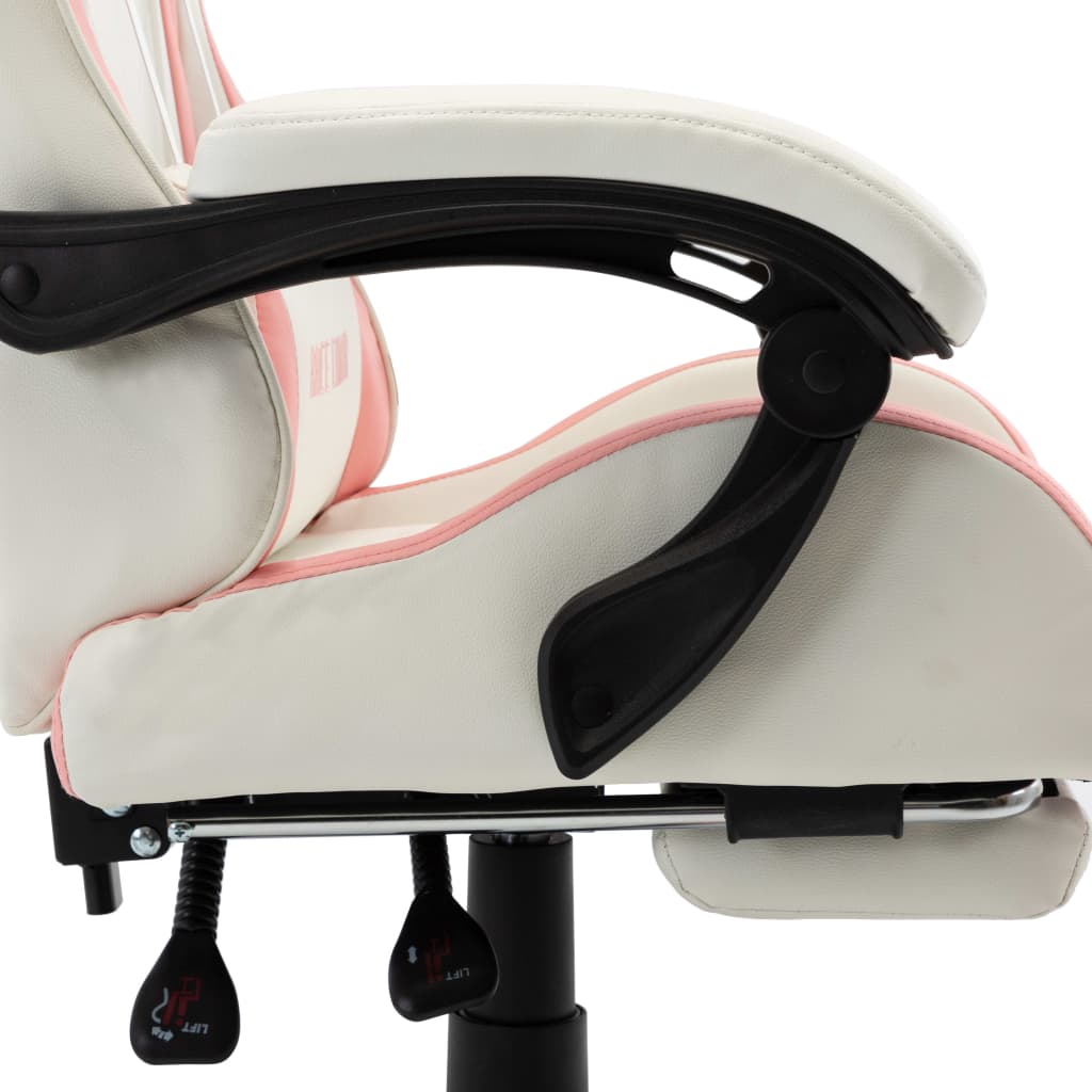 Gaming Chair with Footrest, Pink and White, Faux Leather