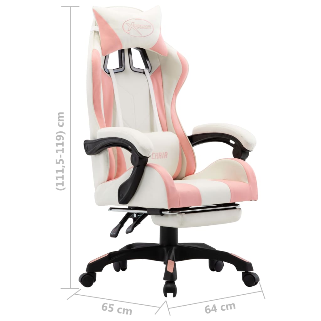 Gaming Chair with Footrest, Pink and White, Faux Leather