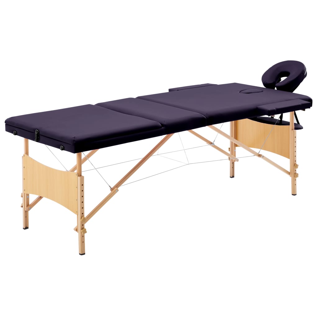Folding massage table, purple, wood, 3-zone