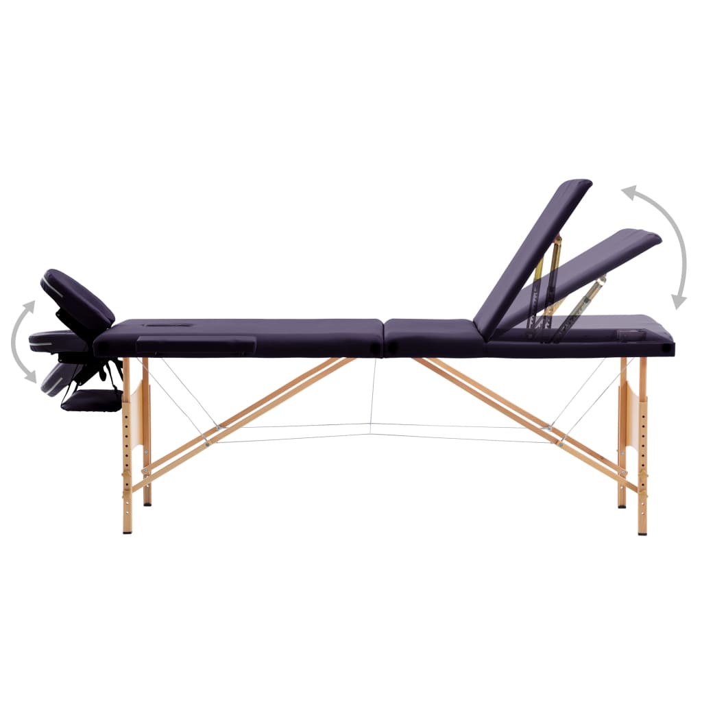 Folding massage table, purple, wood, 3-zone