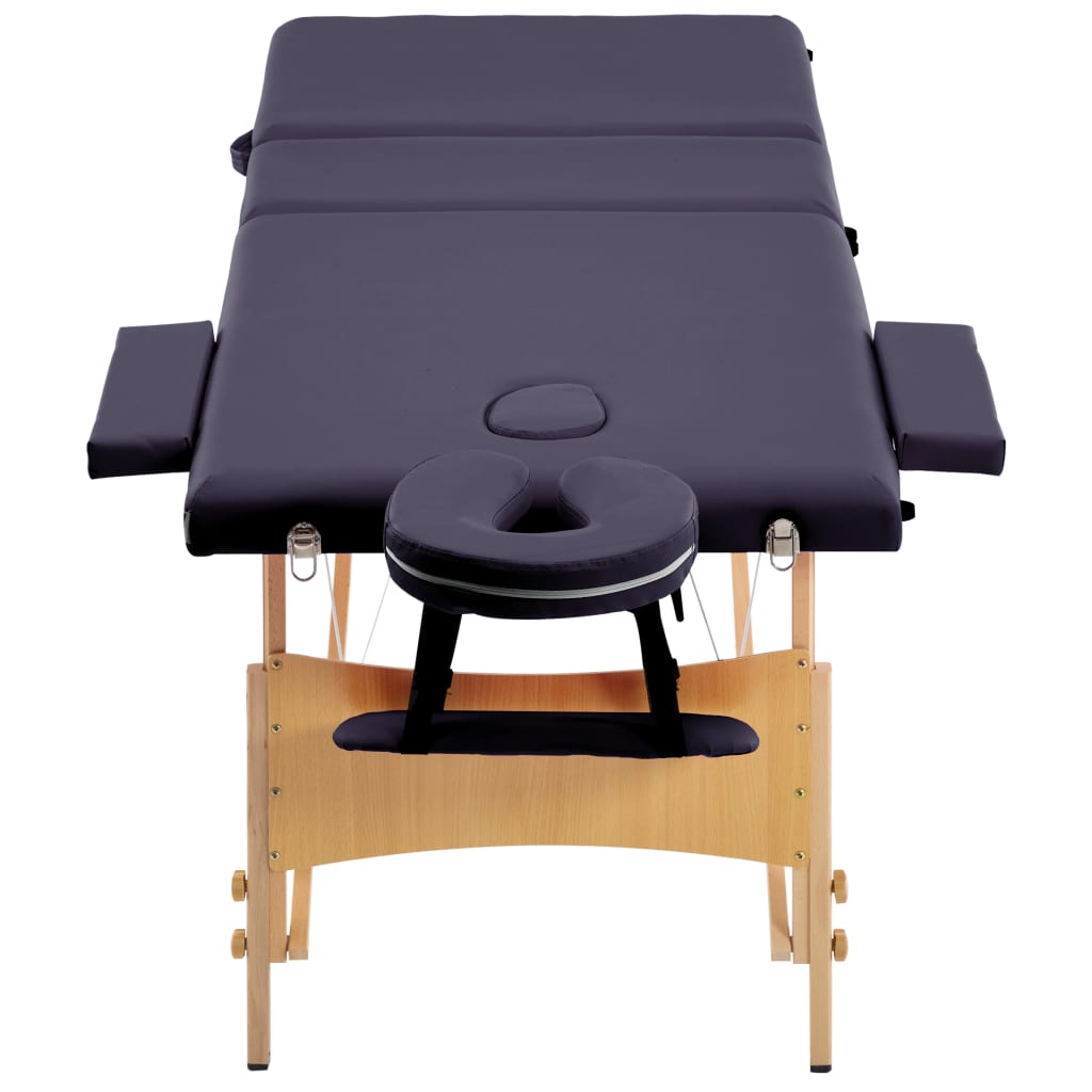 Folding massage table, purple, wood, 3-zone