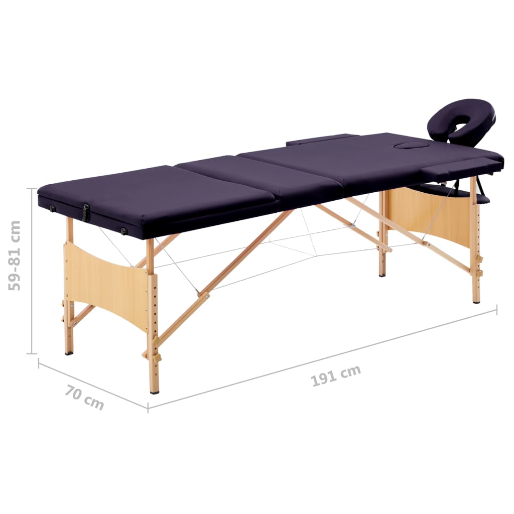 Folding massage table, purple, wood, 3-zone