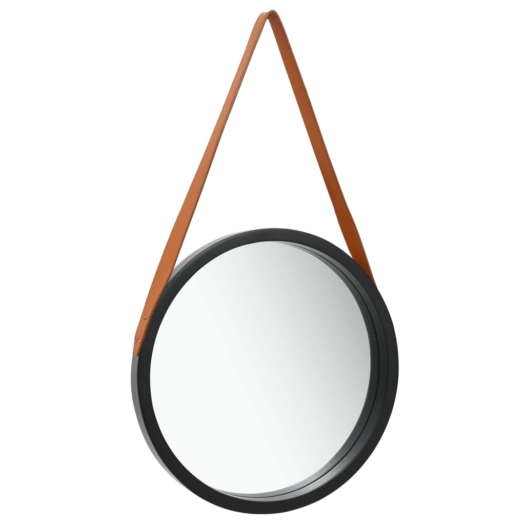Wall mirror with strap, black, 40cm