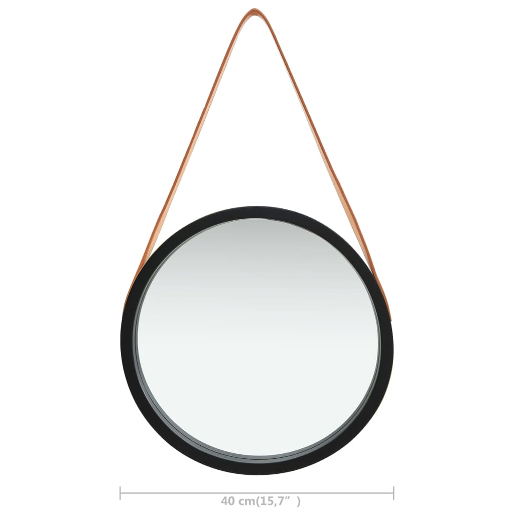 Wall mirror with strap, black, 40cm