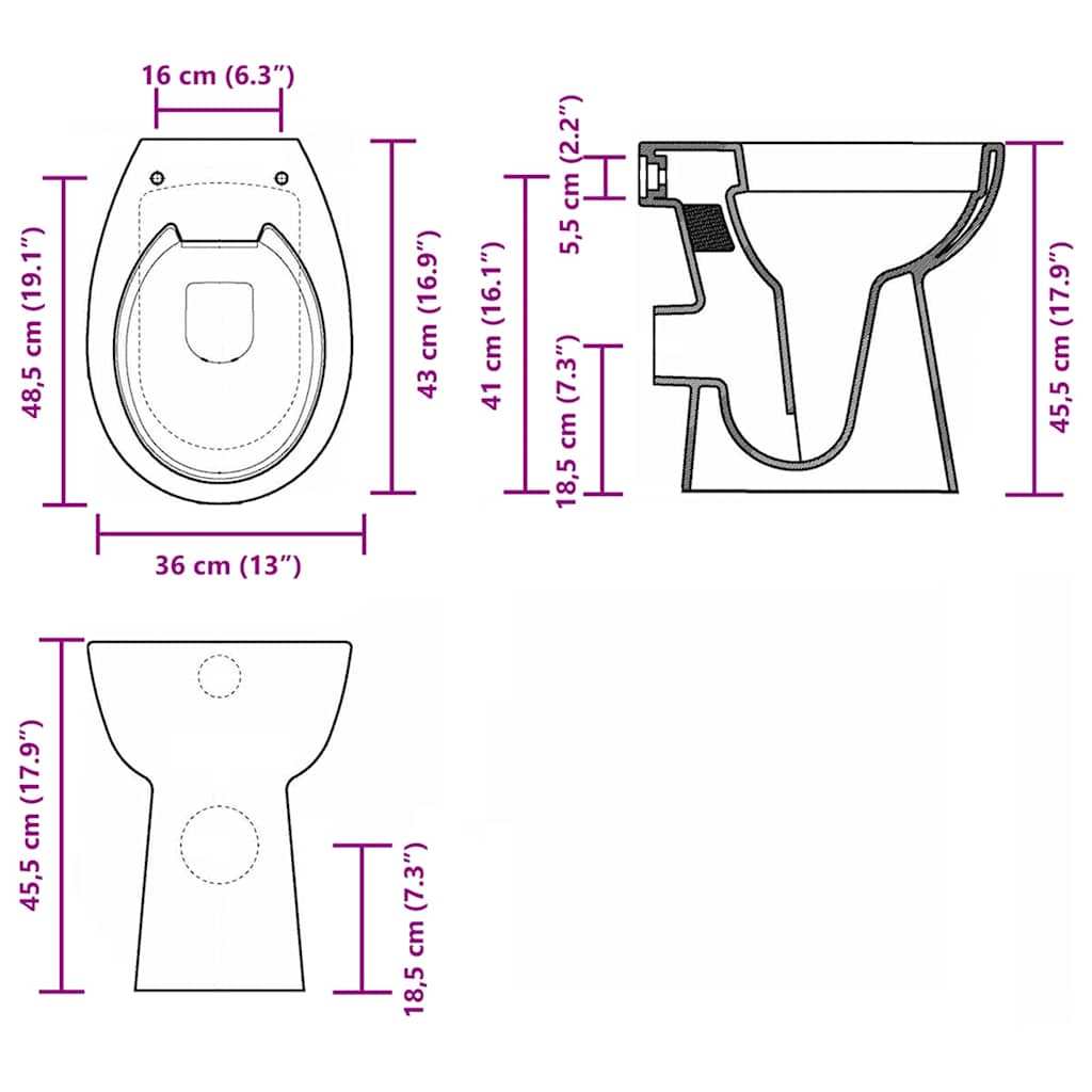 Rimless toilet, 7 cm extra height, soft close, white ceramic