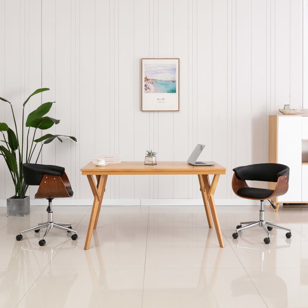 Swivel office chair, black, bent wood and artificial leather