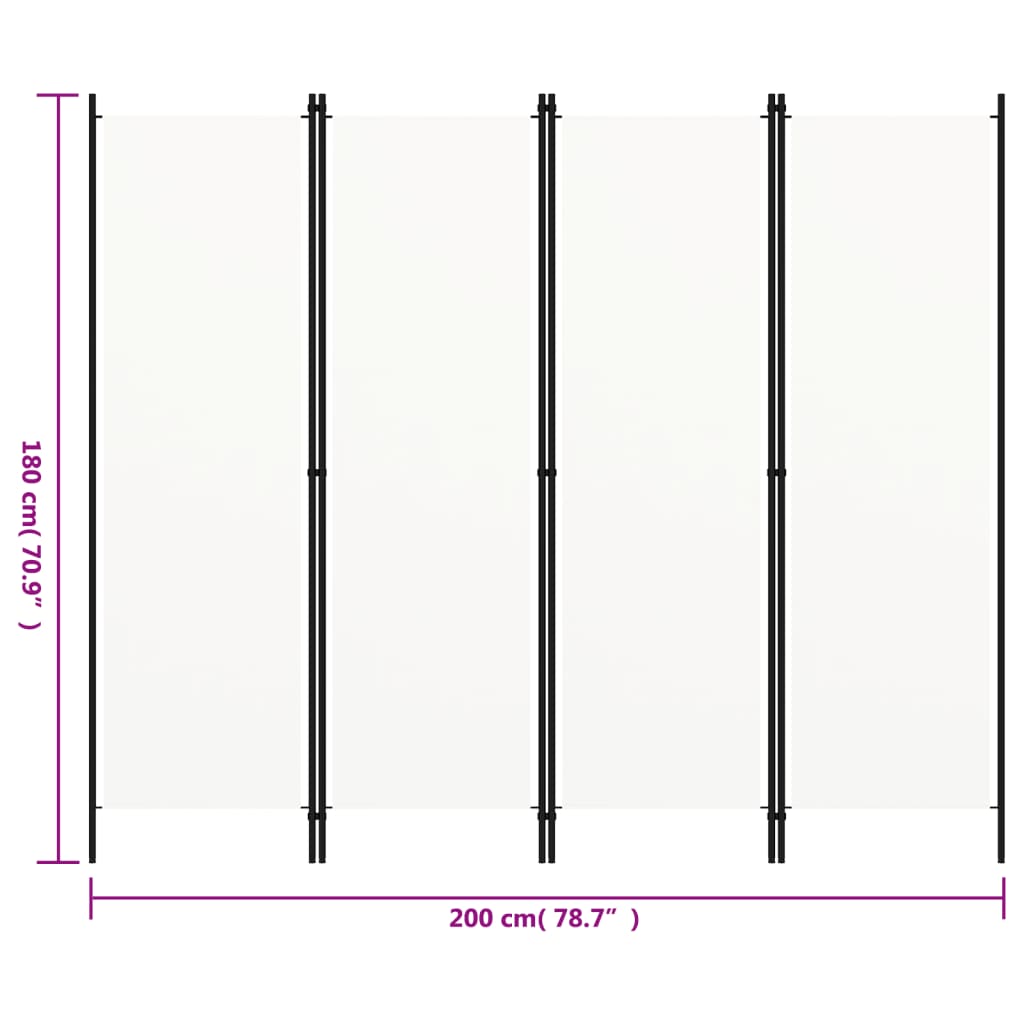 Room Divider, 4-Panel, White, 200x180cm