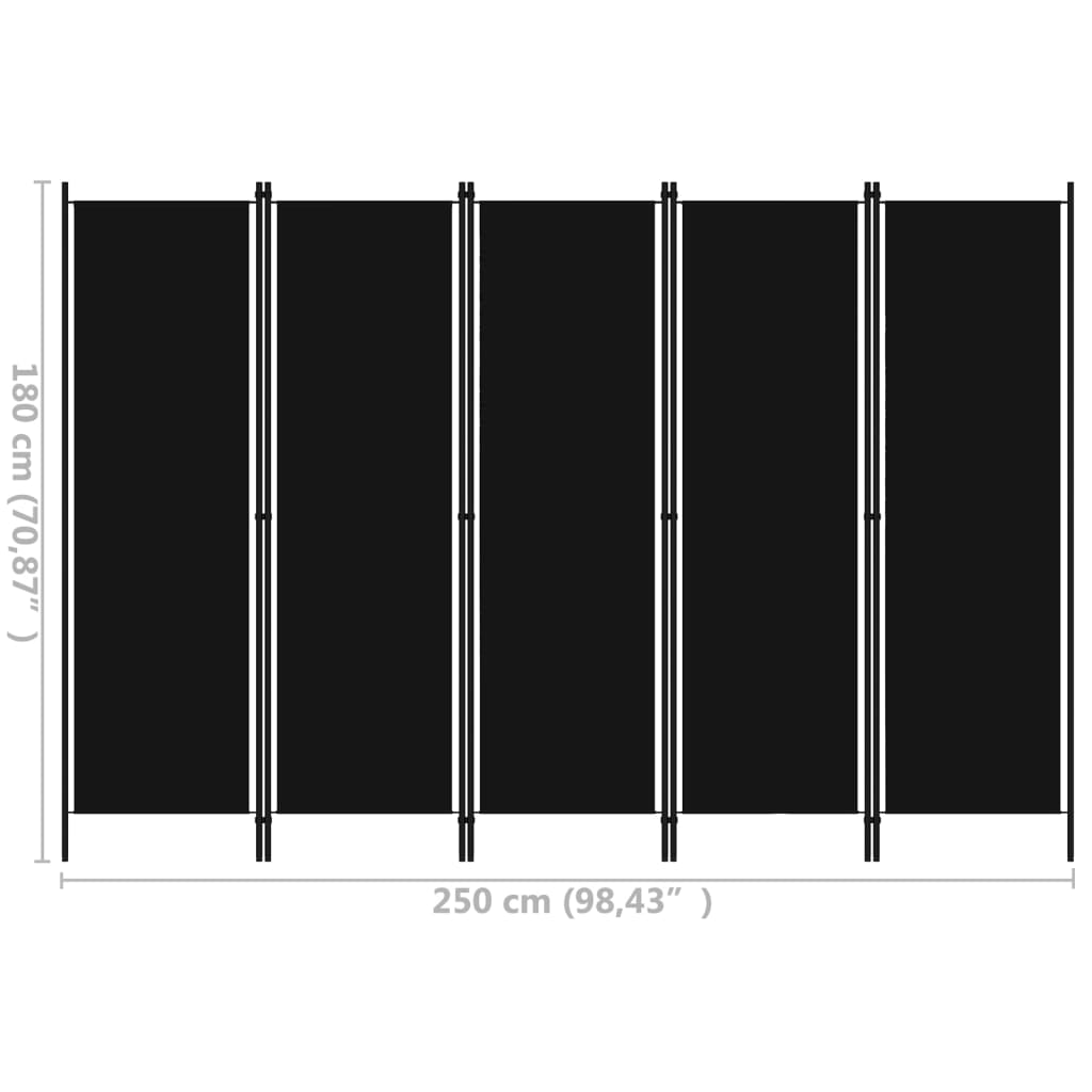 Room divider, 5-panel, black, 250x180cm