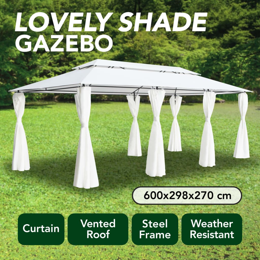 Gazebo with curtains IVORY, white, 600x298cm