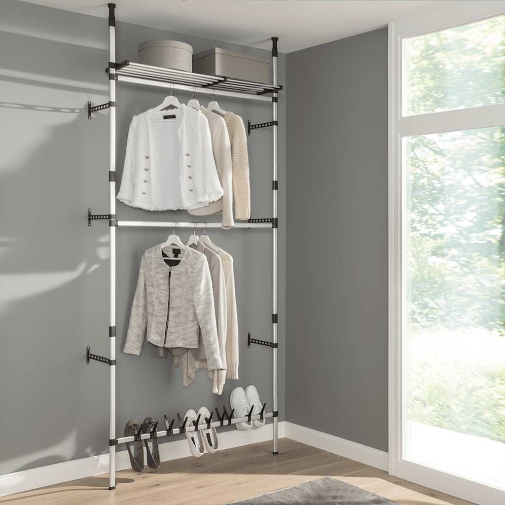 Wardrobe system with rods and shelf, aluminum