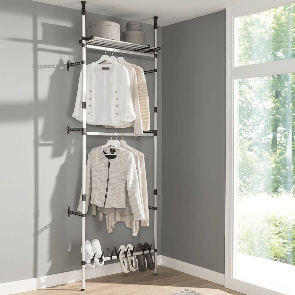Wardrobe system with rods and shelf, aluminum