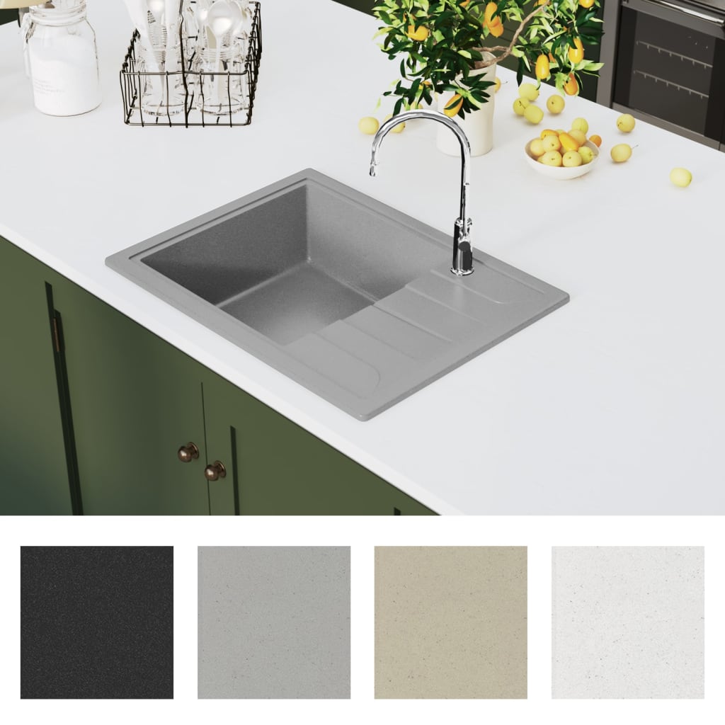 Kitchen sink with overflow, gray, granite