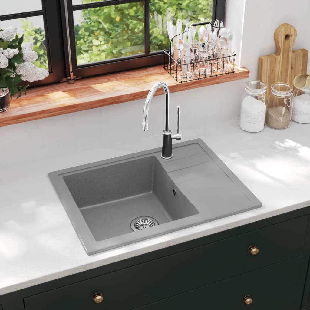 Kitchen sink with overflow, gray, granite