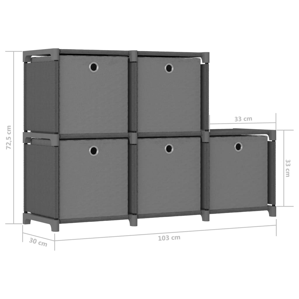 Shelf with 5 boxes, gray, 103x30x72.5cm, fabric