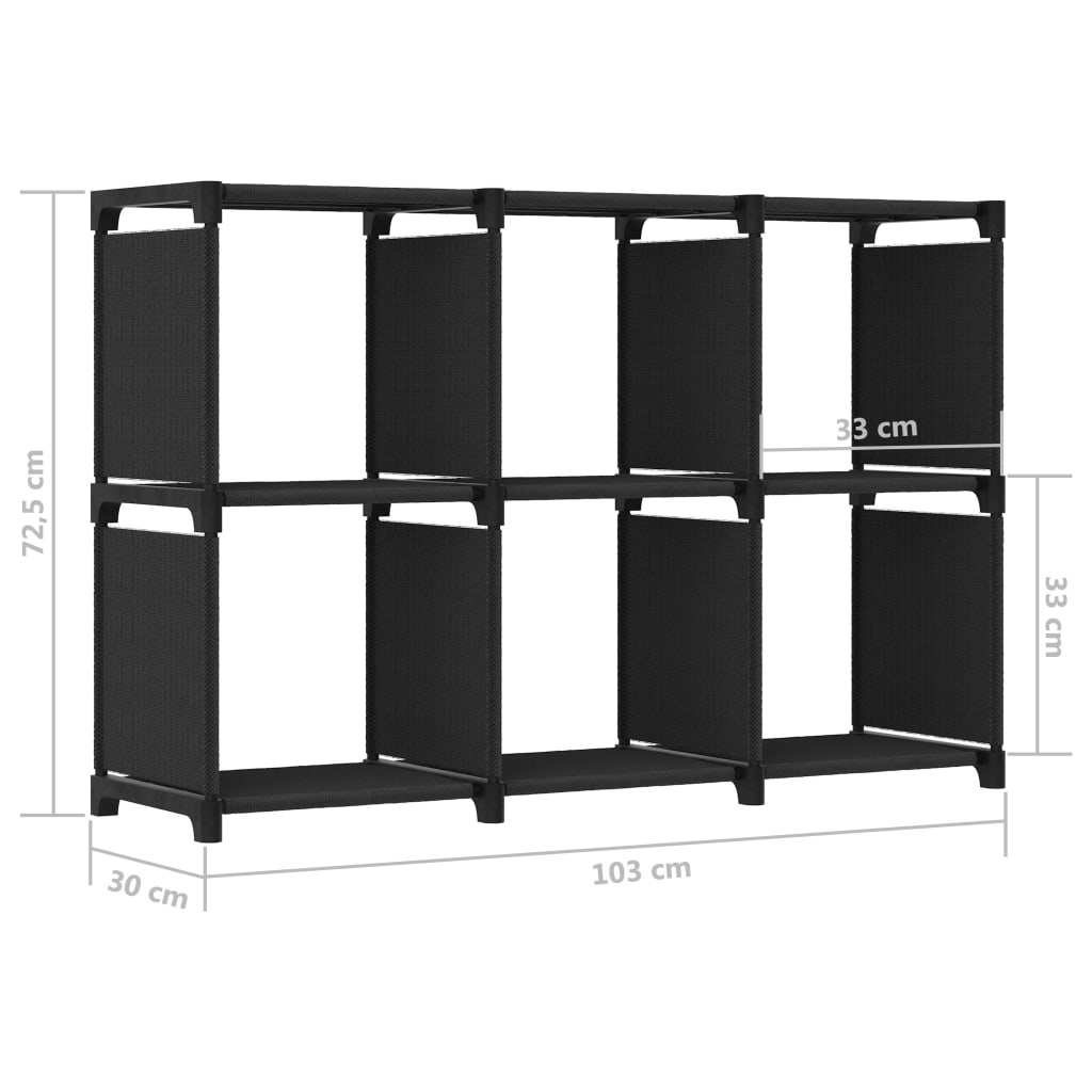 Shelf, black, 103x30x72.5cm, fabric, 6 compartments