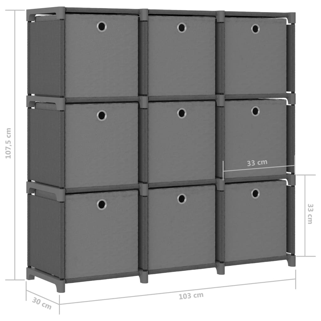 Plaukts ar 9 kastēm, pelēks, 103x30x107,5 cm, audums