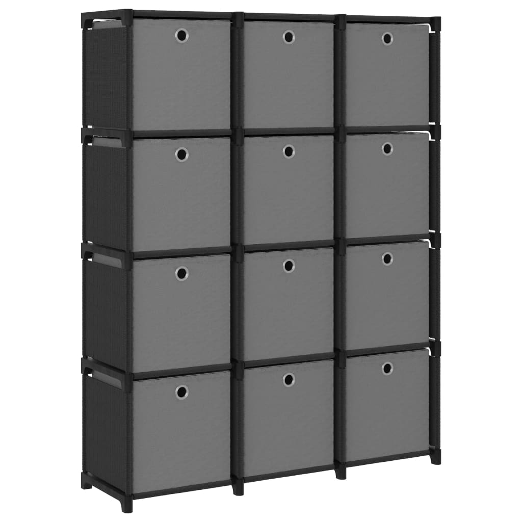 Shelf with 12 boxes, black, 103x30x141cm, fabric