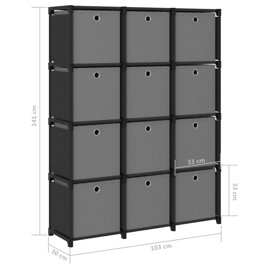 Shelf with 12 boxes, black, 103x30x141cm, fabric