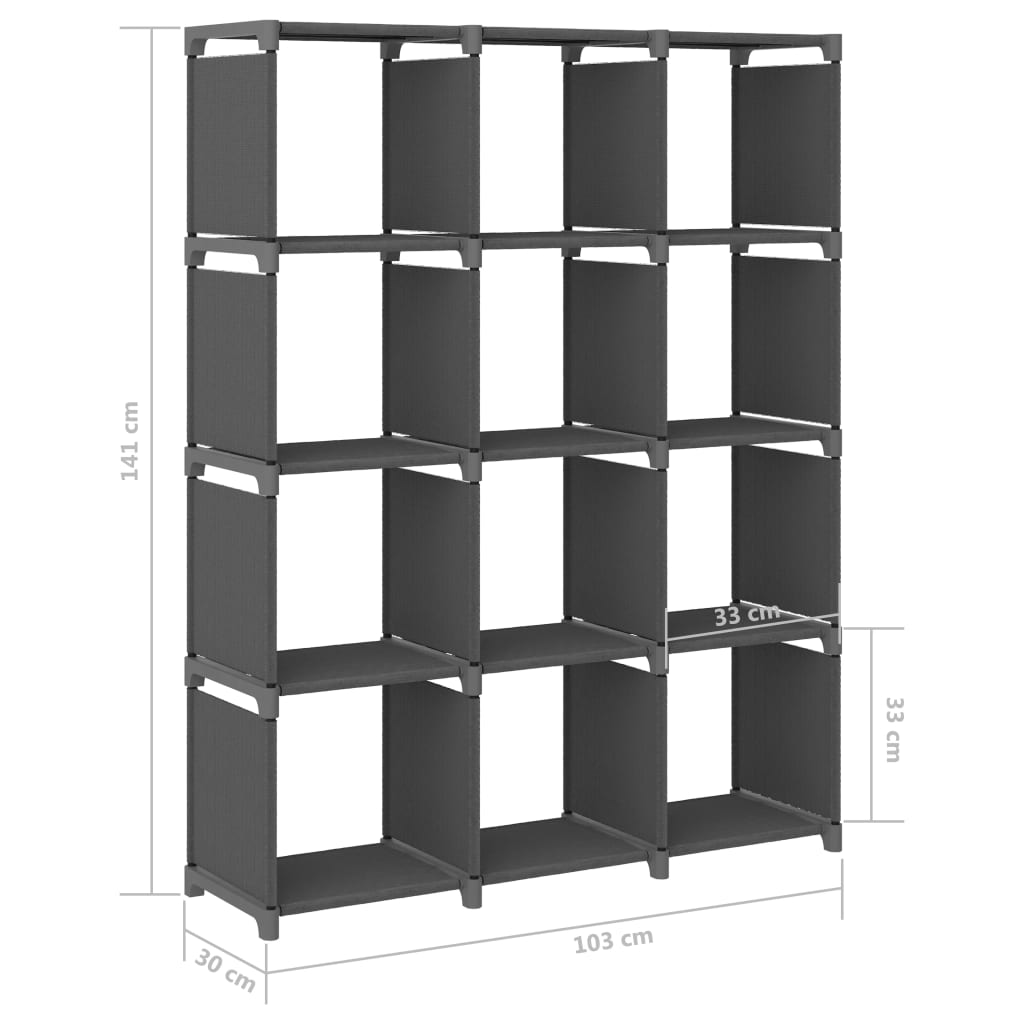 Shelf, grey, 103x30x141cm, fabric, 12 compartments