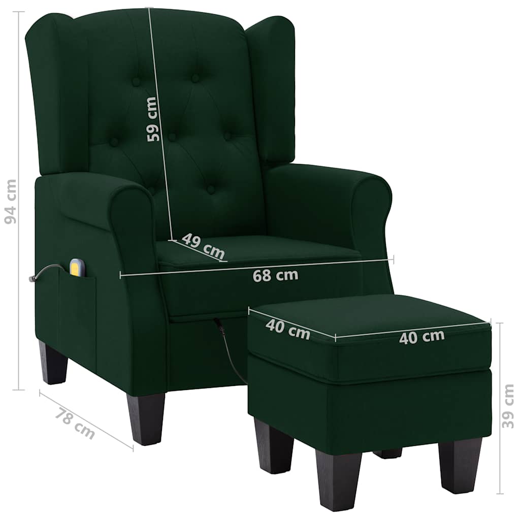 Massage armchair with footrest, dark green, fabric