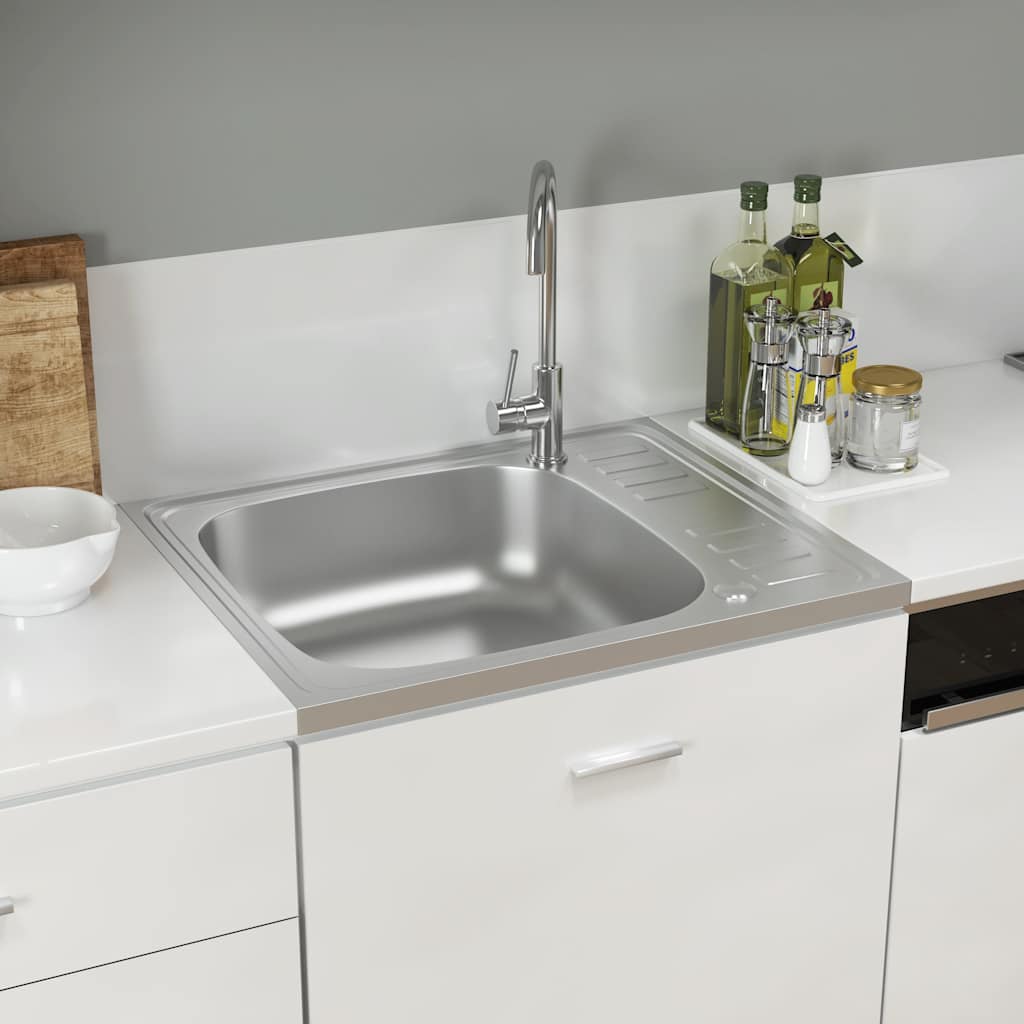 Kitchen sink with drainer, silver, 600x500x155mm, steel
