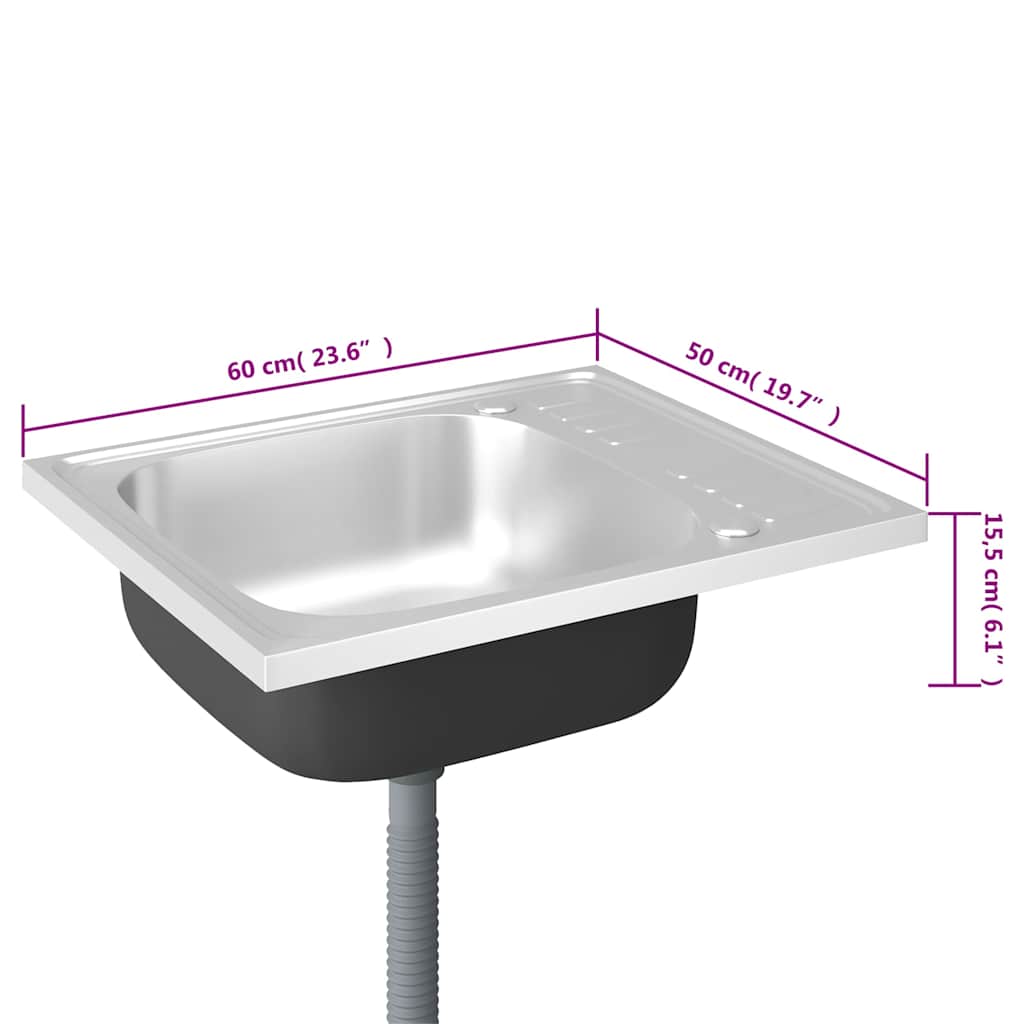 Kitchen sink with drainer, silver, 600x500x155mm, steel