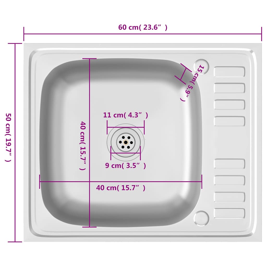Kitchen sink with drainer, silver, 600x500x155mm, steel