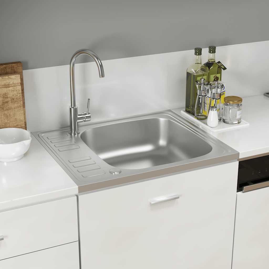 Kitchen sink with drainer, silver, 600x500x155mm, steel