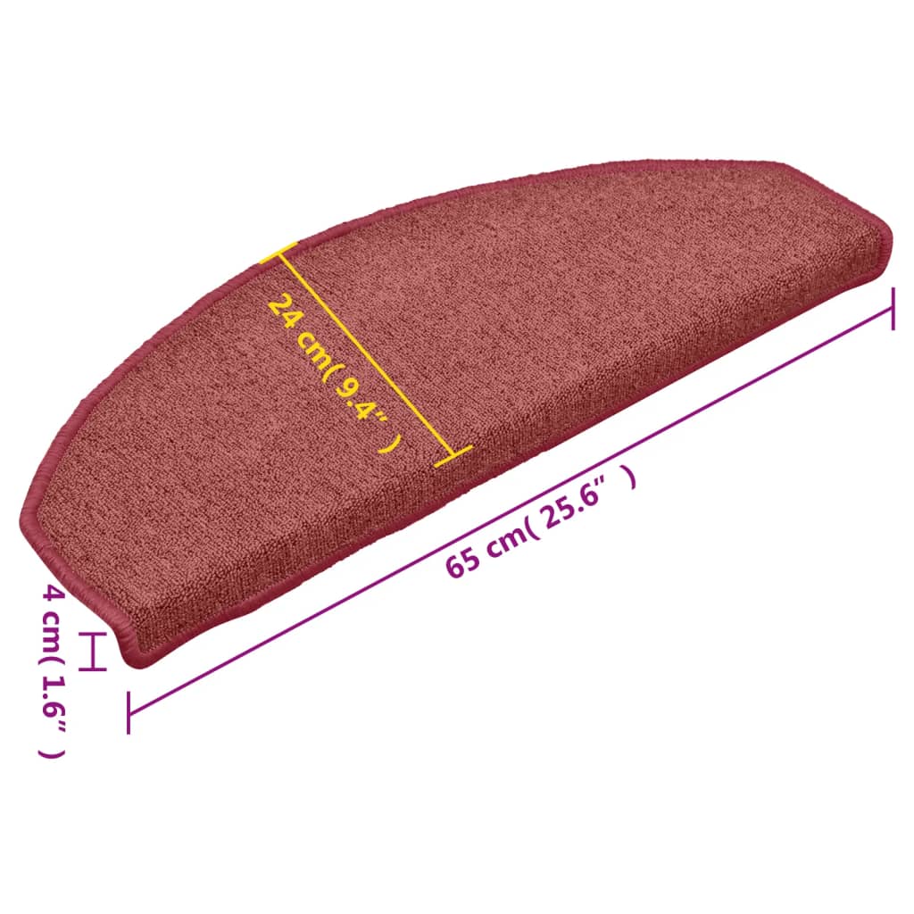 Laiptų kilimėliai, 15 vnt., 65x24x4 cm, bordo spalvos, pusapvaliai, dideli