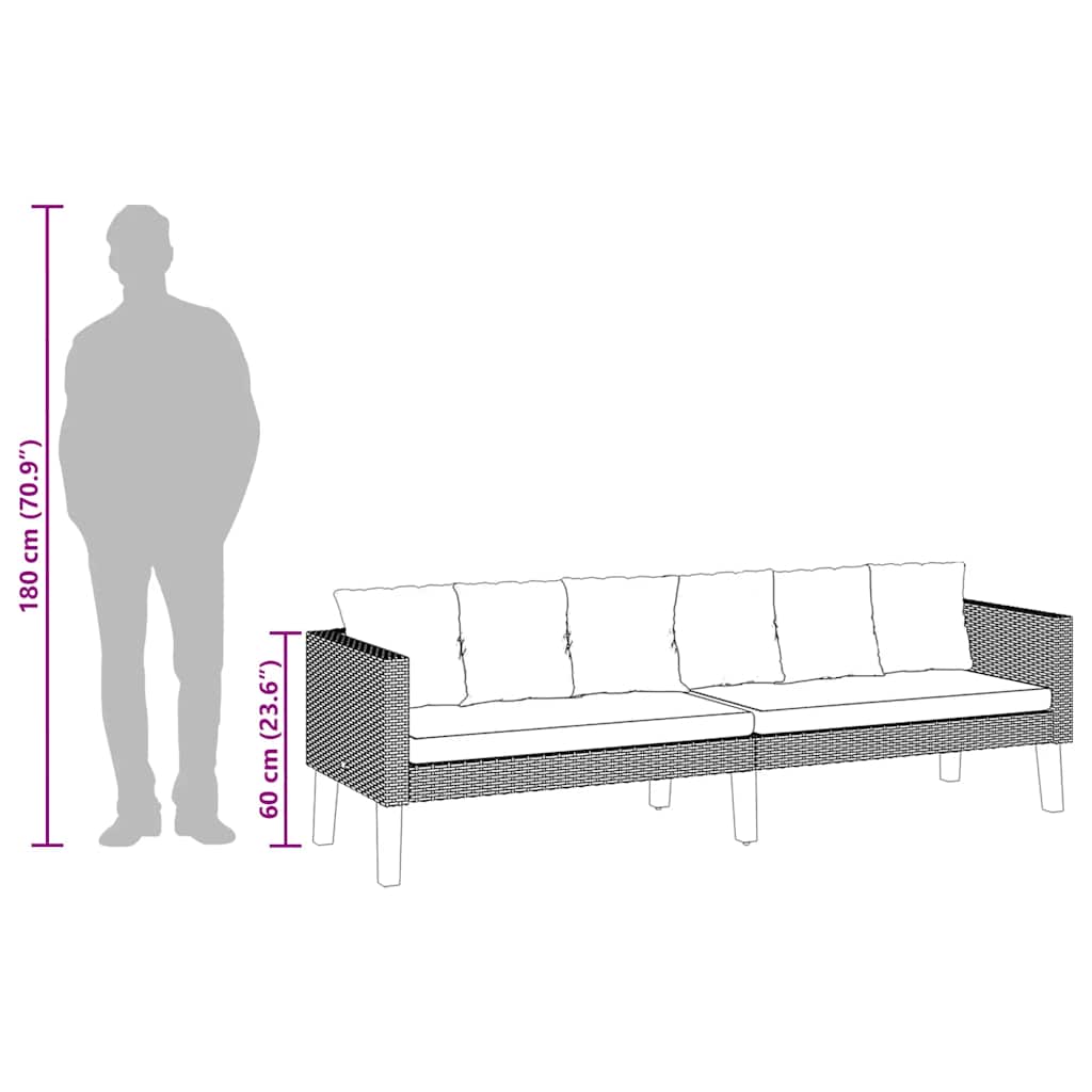 Trivietė sodo sofa su pagalvėlėmis, juodos spalvos, poliratanas