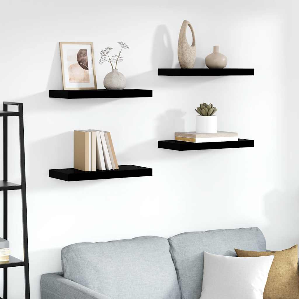 Pakabinamos sieninės lentynos, 4vnt., juodos, 50x23,5x3,8cm, MDF