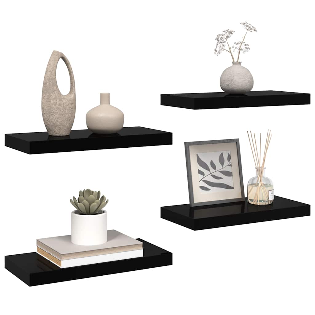 Pakabinamos sieninės lentynos, 4vnt., juodos, 50x23,5x3,8cm, MDF