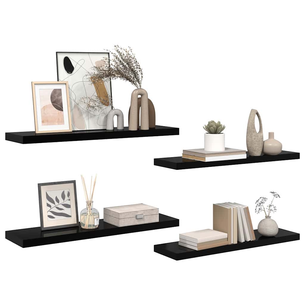 Wall shelves, 4 pcs, black, 90x23.5x3.8cm, MDF