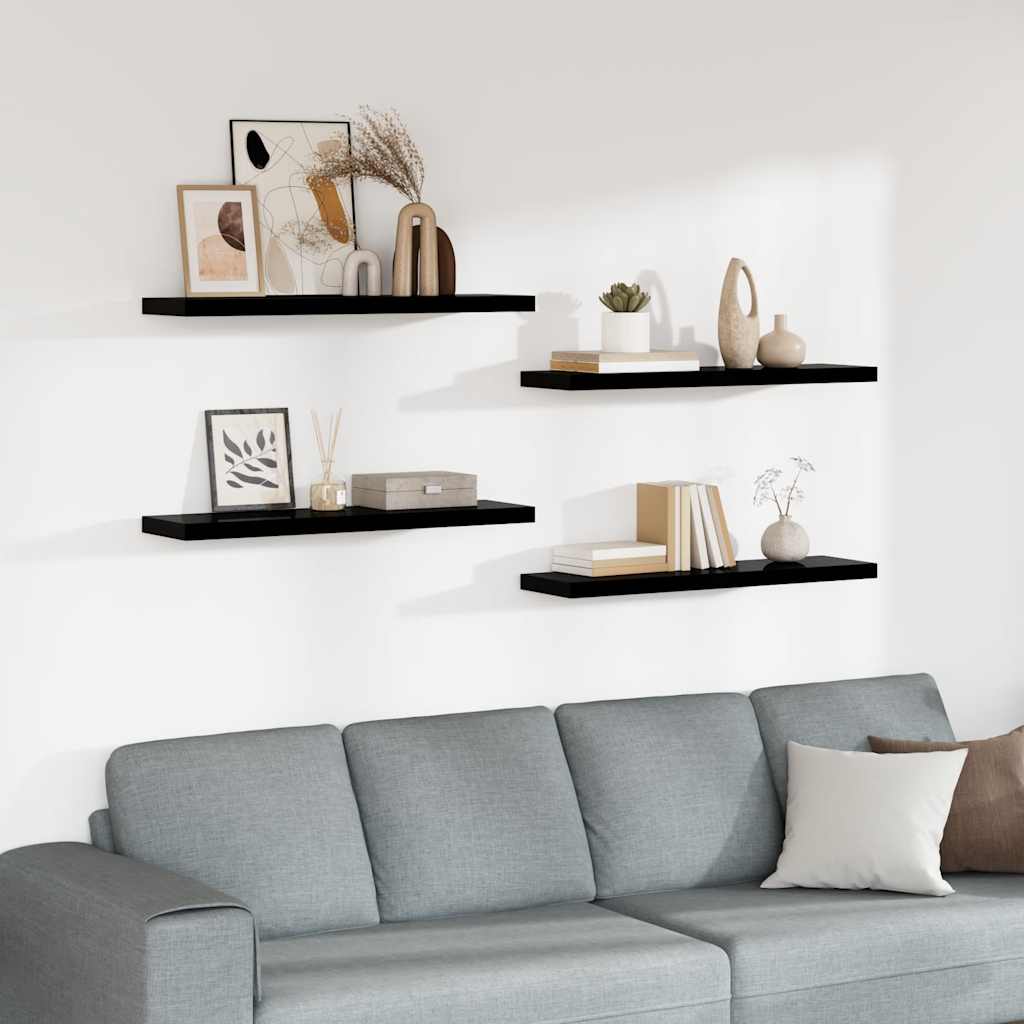 Wall shelves, 4 pcs, black, 90x23.5x3.8cm, MDF
